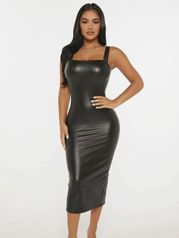 Bodycon Dresses Black Sleeveless Split Front Sexy Square Neck Low-slit Midi Sheath Dress