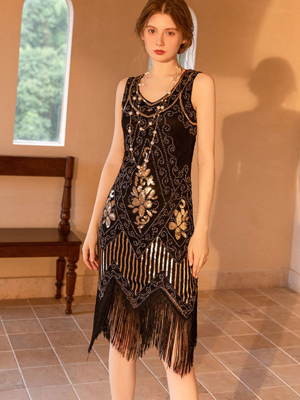 Party Dresses Champagne V-Neck Fringe Sleeveless Floral Print Semi Formal Dress