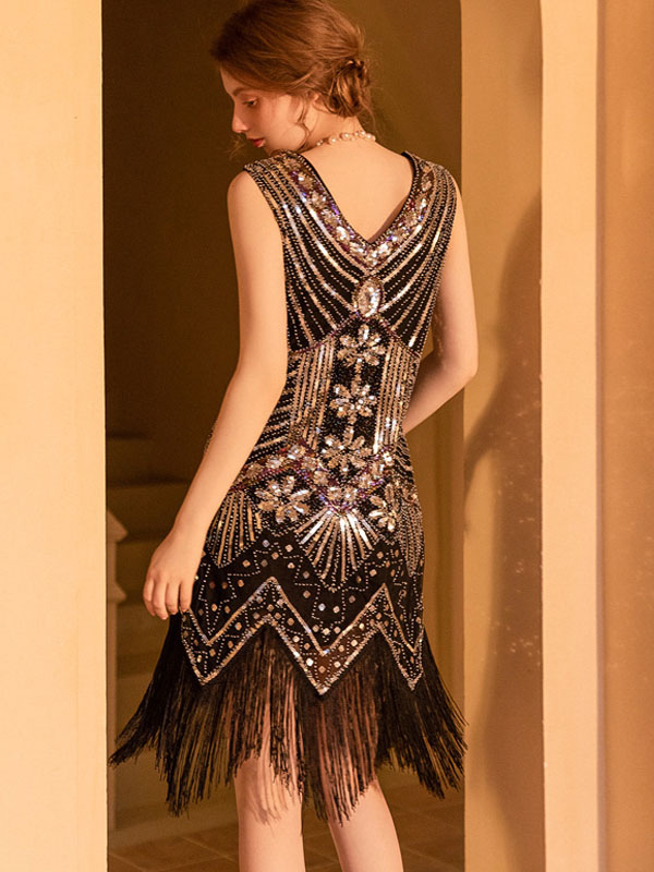 Party Dresses Black Gold V-Neck Sequins Sleeveless Geometric Semi Formal Dress