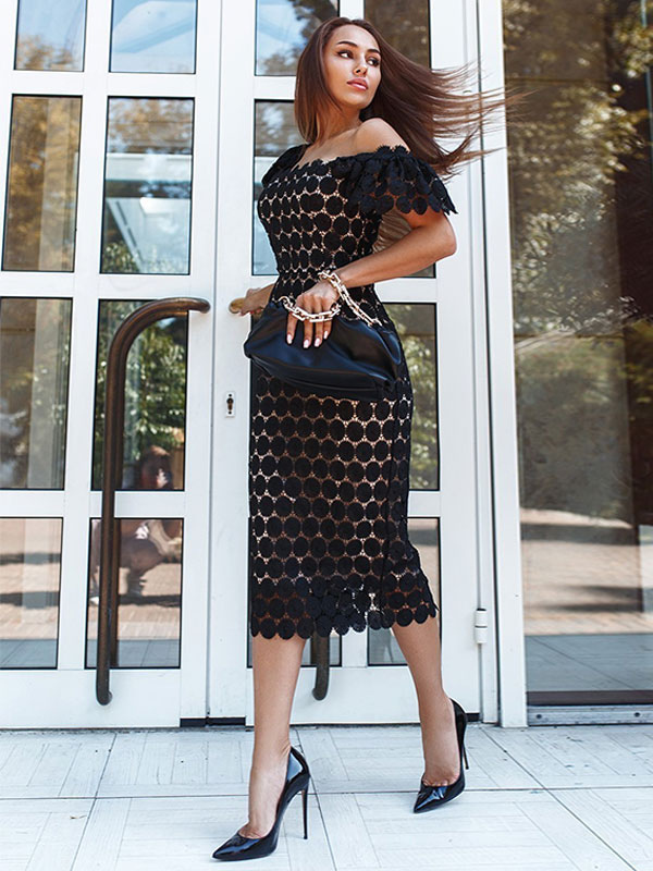 Lace Sexy Square Neck Short Sleeves Midi Dress