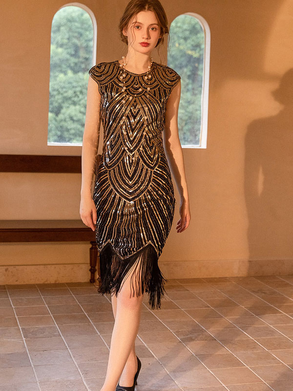 Vintage 1920S Party Dresses Black Red Jewel Neck Fringe Sleeveless Semi Formal Dress