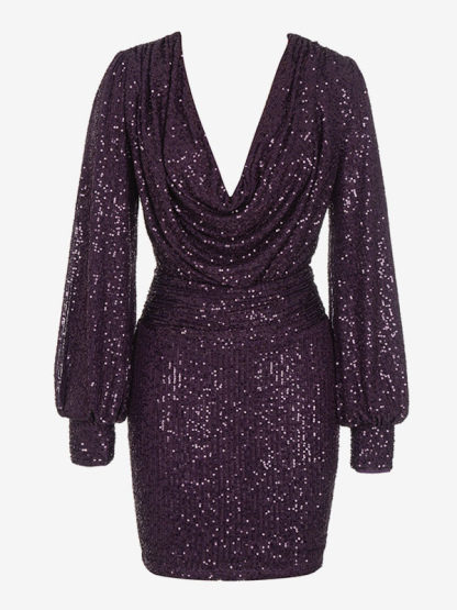 Birthday Party Dresses Purple V-Neck Sequins Long Sleeves Semi Formal Dress