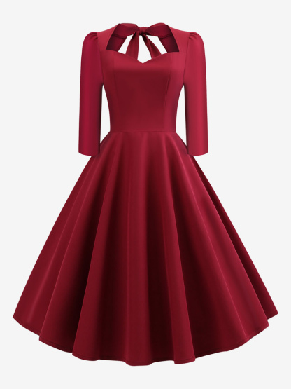 Vintage Dress 1950s Audrey Hepburn Style Sweetheart Neck Backless 3/4 Length Sleeves Rockabilly Dress