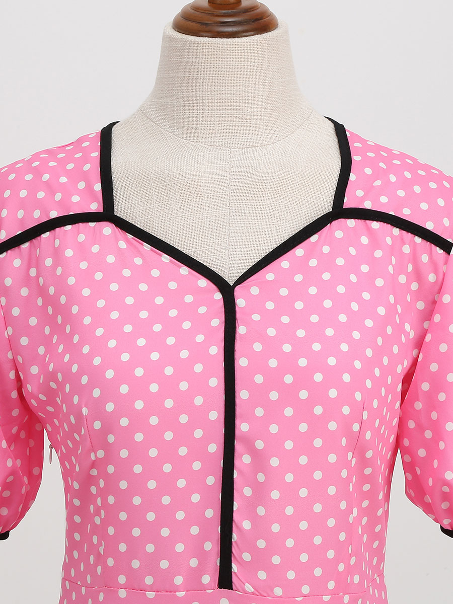 Retro Dress 1950s Audrey Hepburn Style Pink Short Sleeves Sweetheart Neck Swing Dress