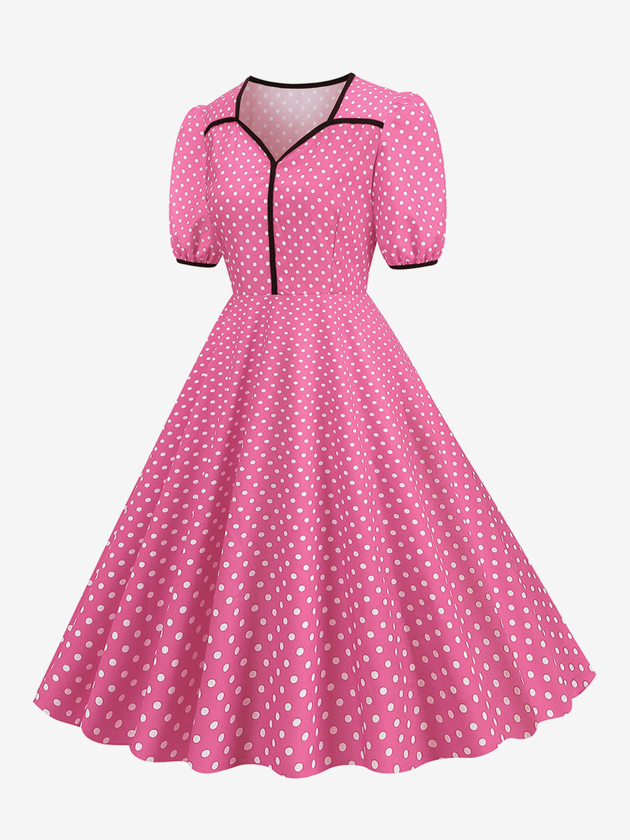 Retro Dress 1950s Audrey Hepburn Style Pink Short Sleeves Sweetheart Neck Swing Dress
