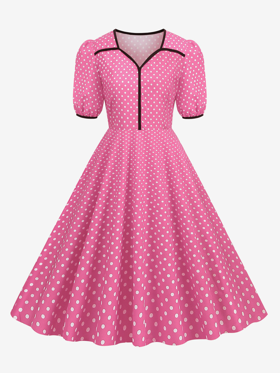 Retro Dress 1950s Audrey Hepburn Style Pink Short Sleeves Sweetheart Neck Swing Dress