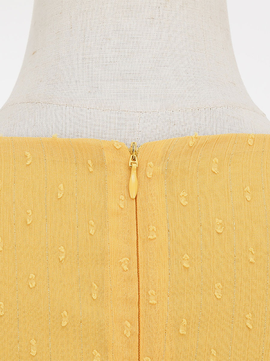 Retro Dress V-Neck Pleated 1950s Audrey Hepburn Style Sheer Long Sleeves Medium Yellow Rockabilly Dress