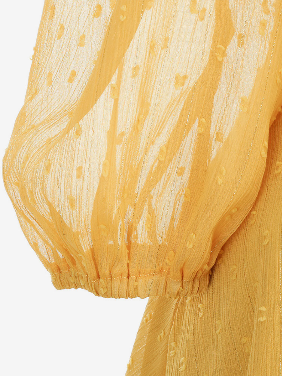 Retro Dress V-Neck Pleated 1950s Audrey Hepburn Style Sheer Long Sleeves Medium Yellow Rockabilly Dress