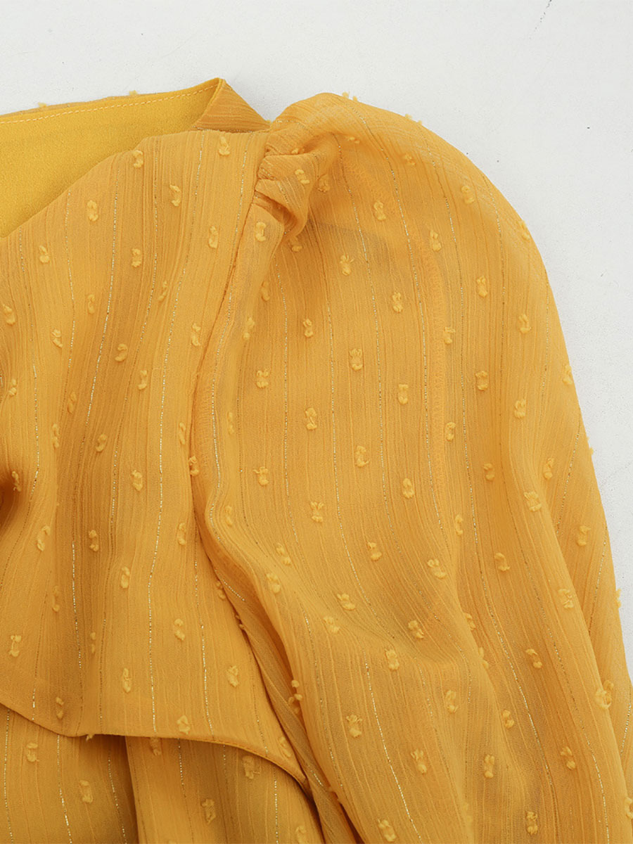 Retro Dress V-Neck Pleated 1950s Audrey Hepburn Style Sheer Long Sleeves Medium Yellow Rockabilly Dress