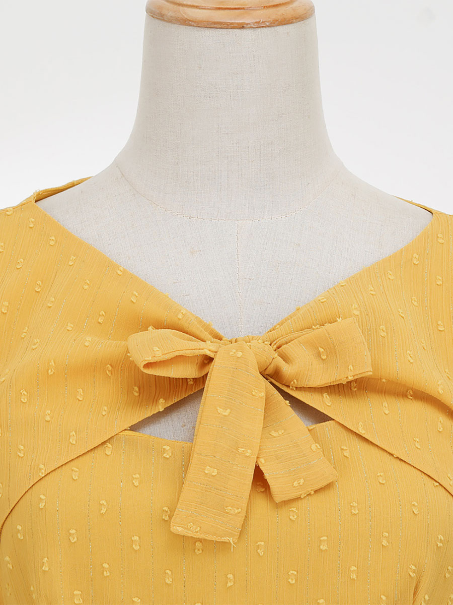 Retro Dress V-Neck Pleated 1950s Audrey Hepburn Style Sheer Long Sleeves Medium Yellow Rockabilly Dress