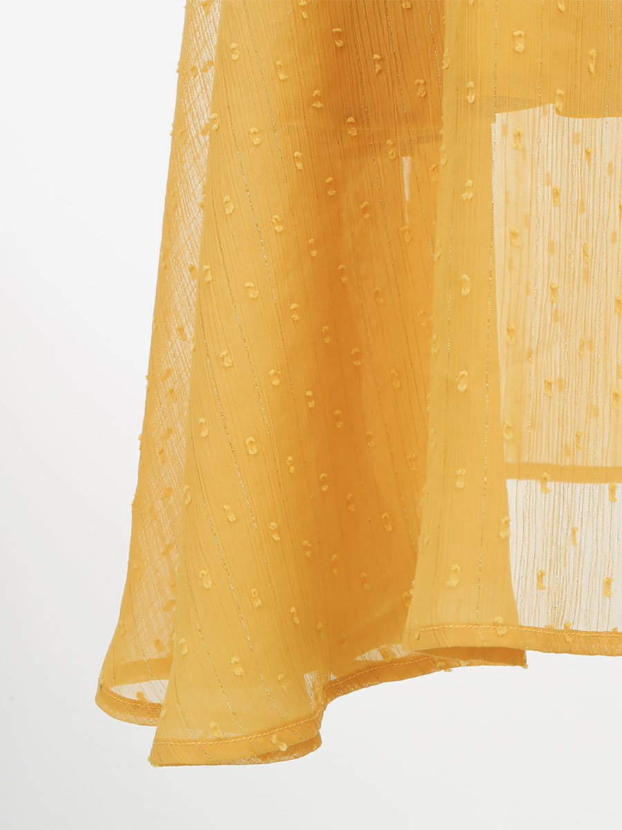 Retro Dress V-Neck Pleated 1950s Audrey Hepburn Style Sheer Long Sleeves Medium Yellow Rockabilly Dress