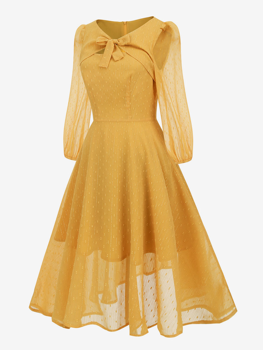 Retro Dress V-Neck Pleated 1950s Audrey Hepburn Style Sheer Long Sleeves Medium Yellow Rockabilly Dress