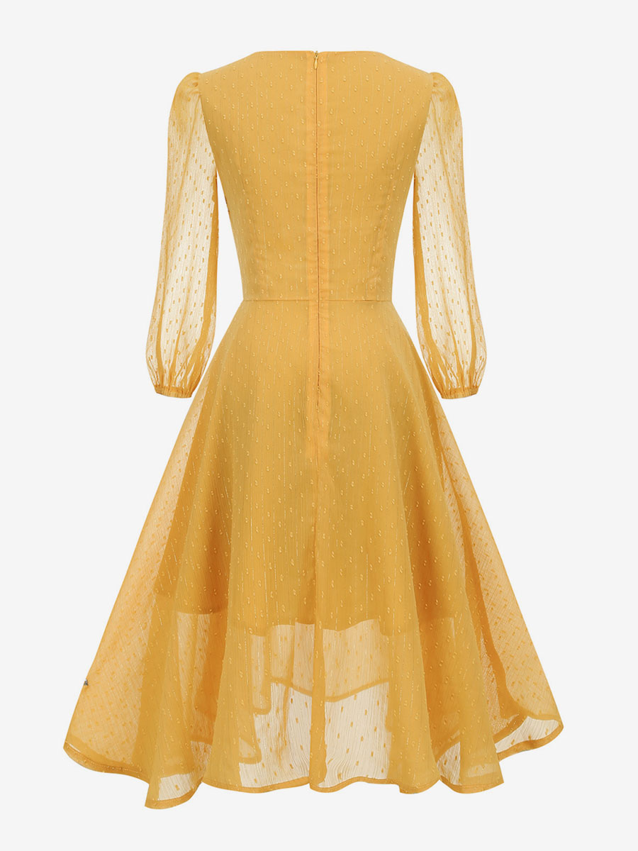 Retro Dress V-Neck Pleated 1950s Audrey Hepburn Style Sheer Long Sleeves Medium Yellow Rockabilly Dress