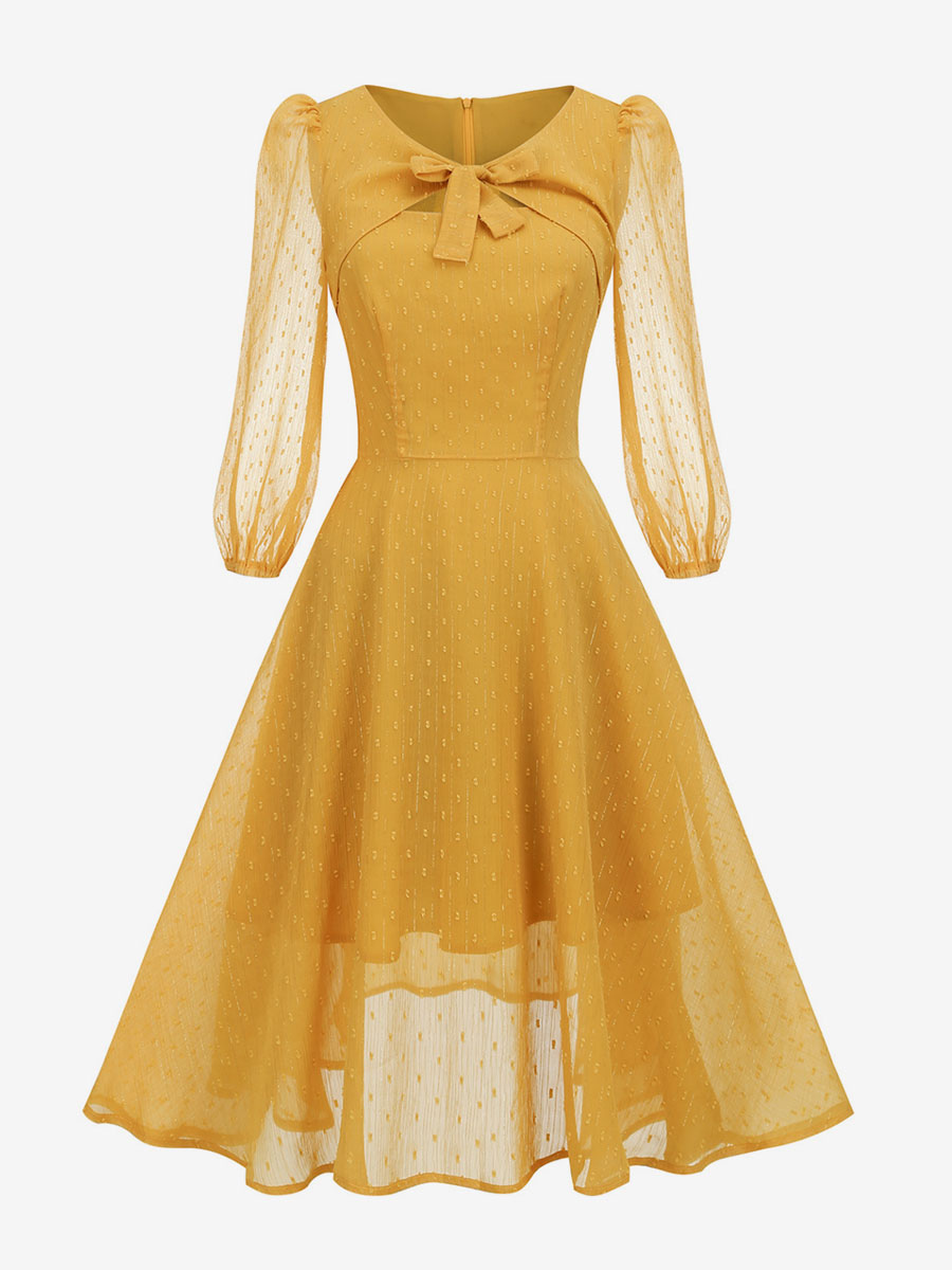 Retro Dress V-Neck Pleated 1950s Audrey Hepburn Style Sheer Long Sleeves Medium Yellow Rockabilly Dress