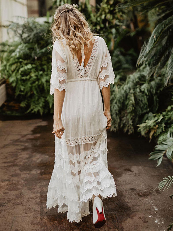 yomoko sexy deep v neck long sleeve lace beach dress Yomoko Sexy Deep V Neck Long Sleeve Lace Beach Dress