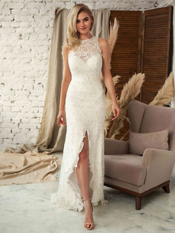 Party Dresses White Jewel Neck Cut Out Sleeveless Sheer Semi Formal Dr