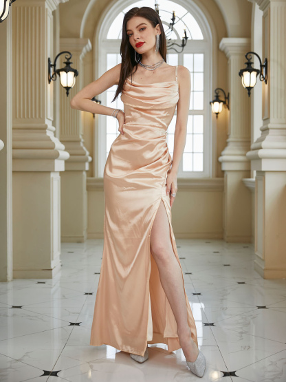 Party Dresses Champagne Cowl Neck Pleated Sleeveless Semi Formal Dress