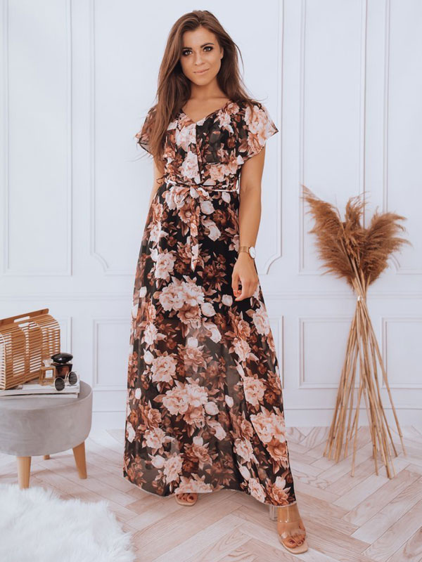 Floral Maxi Dresses Ruffles V-Neck Short Sleeves Casual Summer Long Dress