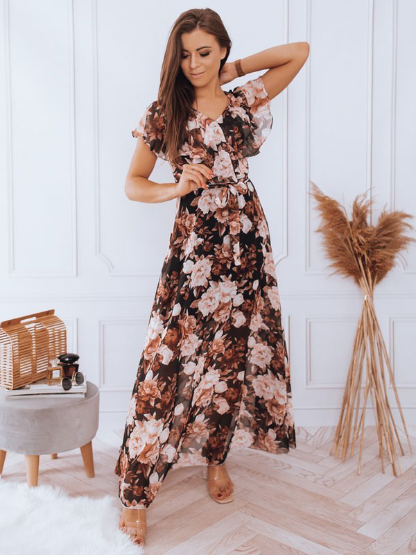 Floral Maxi Dresses Ruffles V-Neck Short Sleeves Casual Summer Long Dress