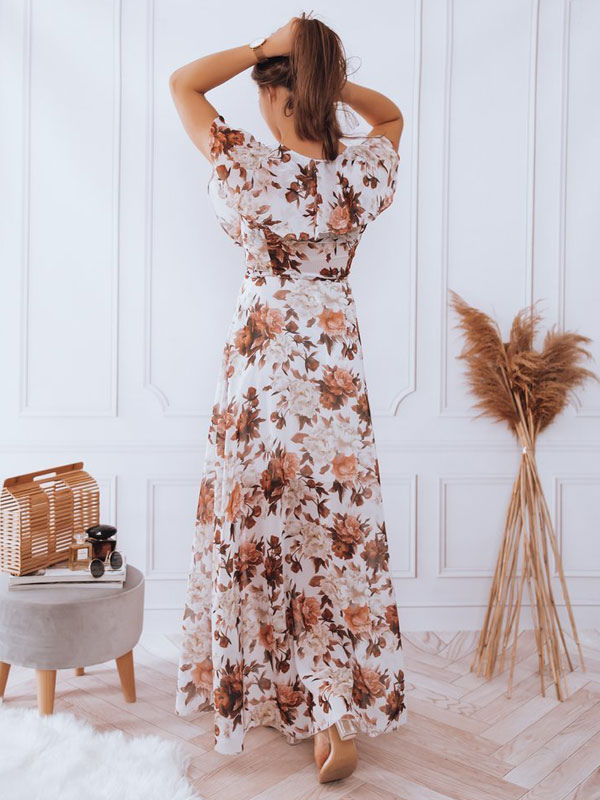 Floral Maxi Dresses Ruffles V-Neck Short Sleeves Casual Summer Long Dress