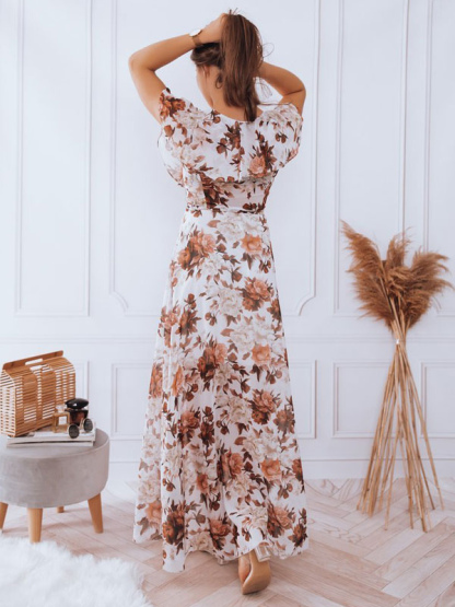 Floral Maxi Dresses Ruffles V-Neck Short Sleeves Casual Summer Long Dress
