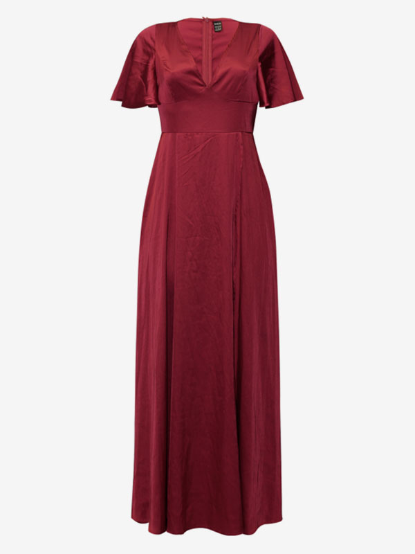 Party Dresses Dark Red V-Neck Short Sleeves High-slit Semi Formal Dress