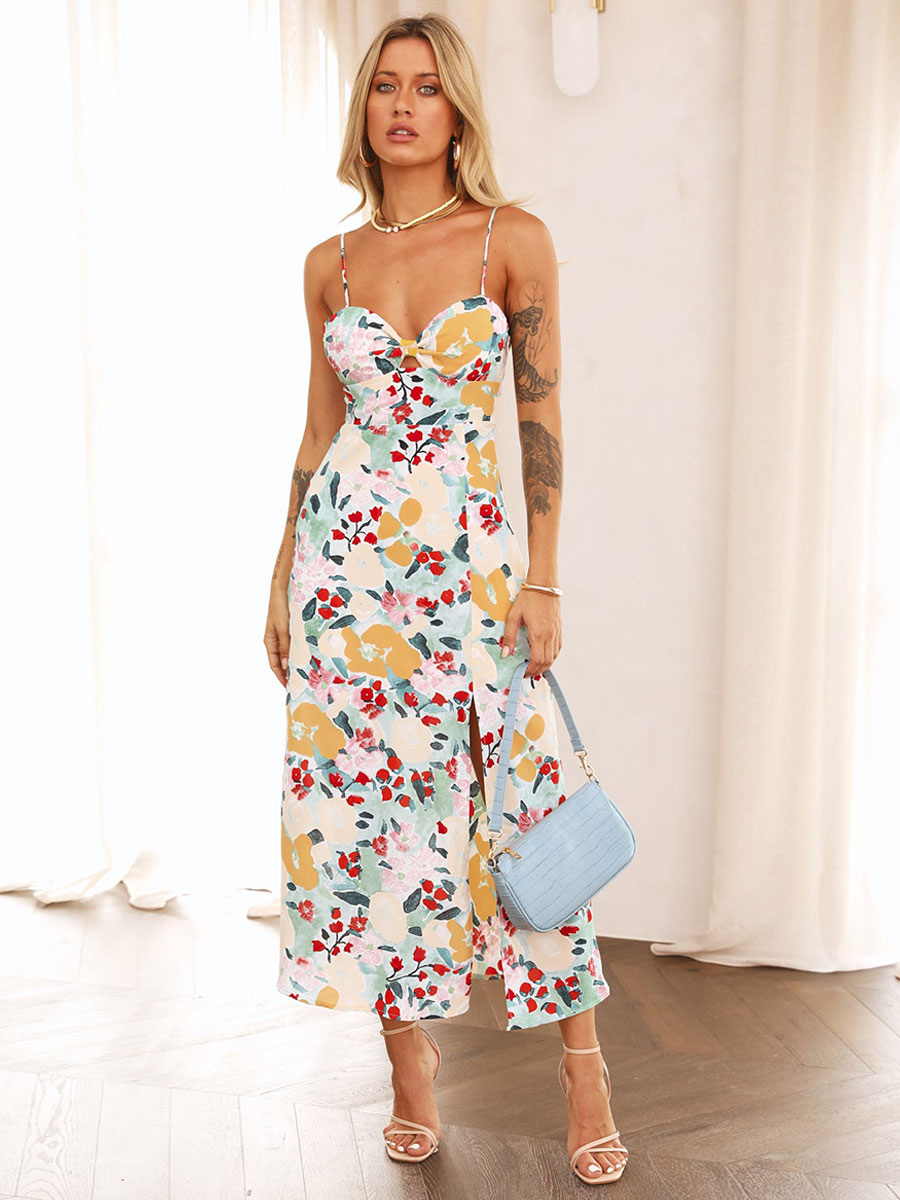 Floral Maxi Dresses Sleeveless Straps Neck Chic Backless Spaghetti Straps Split Front Backless Long Summer Dress