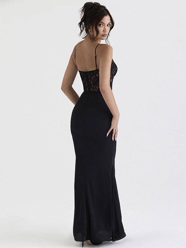 Party Dresses Black Straps Neck Lace Sleeveless Semi Formal Dress