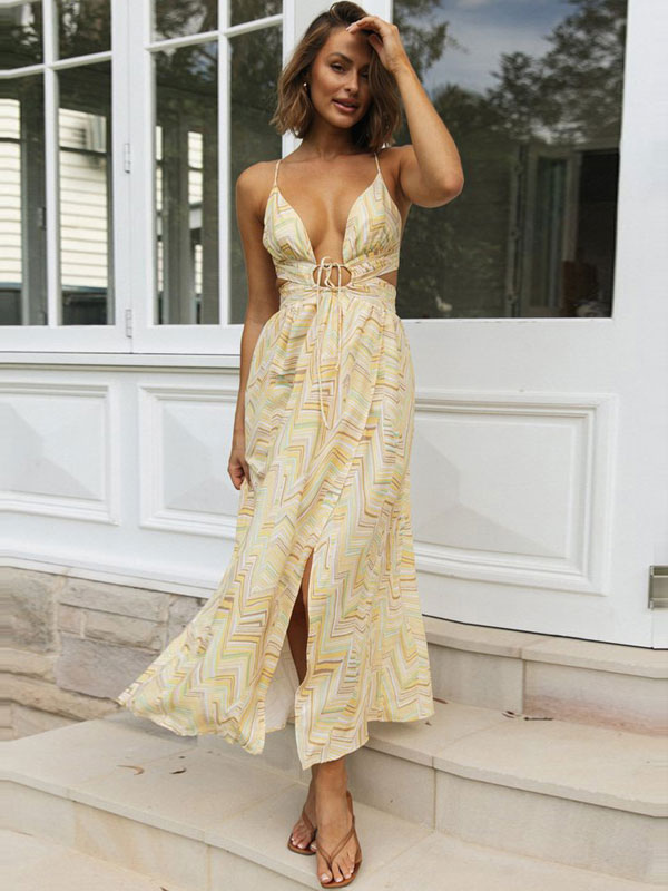 Summer Maxi Dresses Yellow V-Neck Lace Up Printed Beach Dress