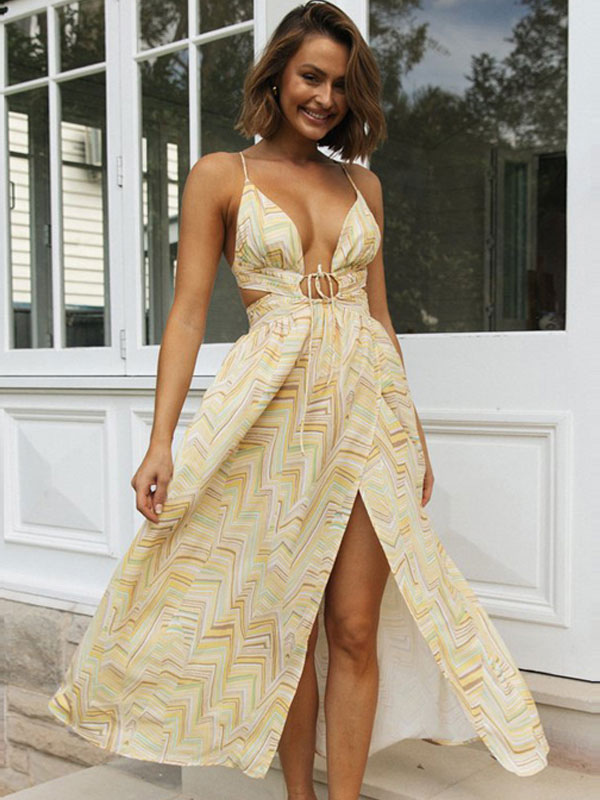 Summer Maxi Dresses Yellow V-Neck Lace Up Printed Beach Dress