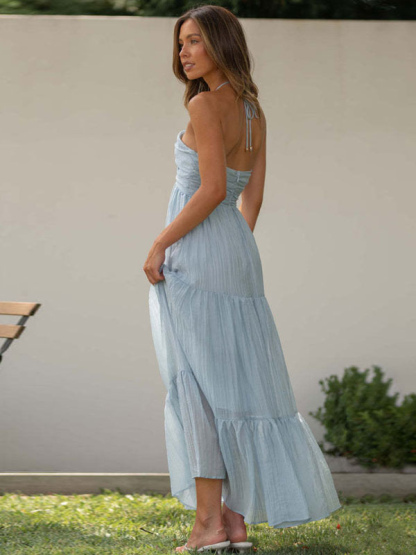 Summer Maxi Dresses Blue V-Neck Lace Up Beach Dress