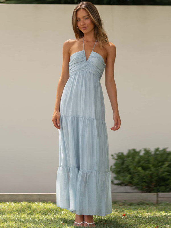 Summer Maxi Dresses Blue V-Neck Lace Up Beach Dress