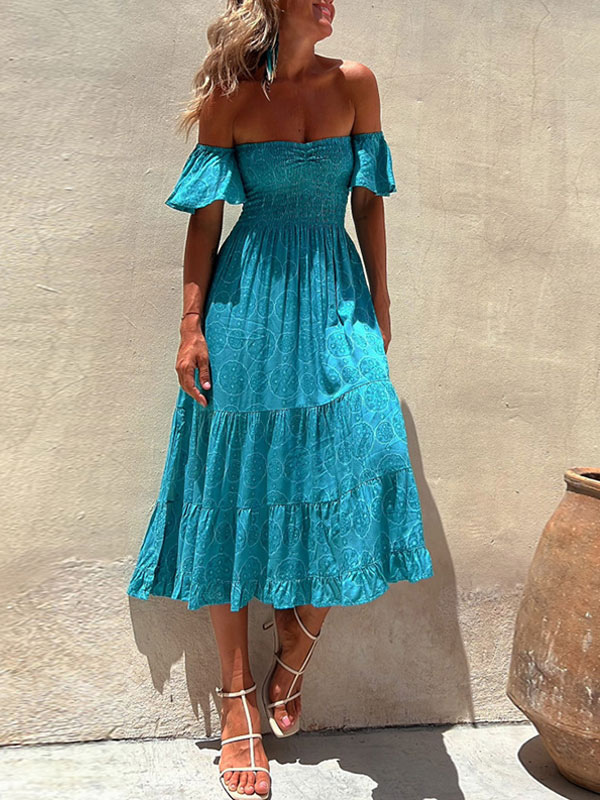 Summer Dress Bateau Neck Pleated Layered Blue Medium Beach Dress
