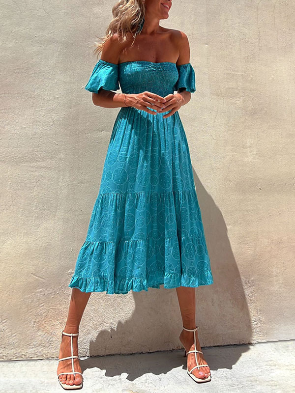 Summer Dress Bateau Neck Pleated Layered Blue Medium Beach Dress