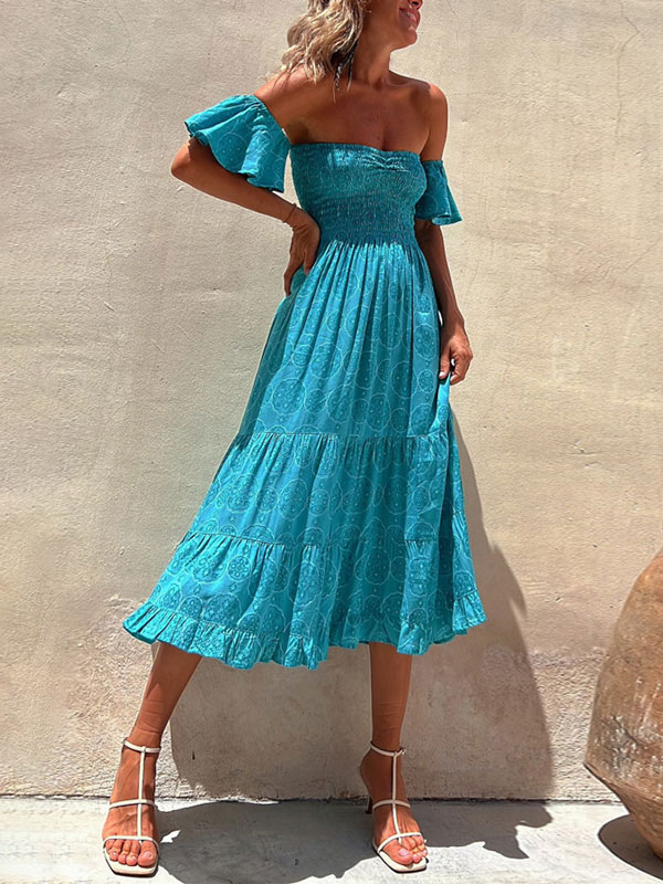 Summer Dress Bateau Neck Pleated Layered Blue Medium Beach Dress
