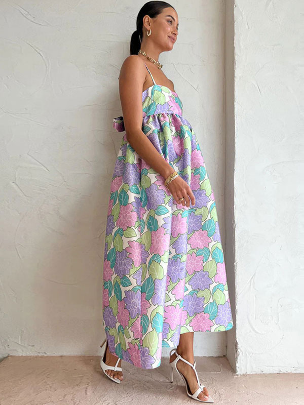 Summer Dress Straps Neck Floral Print Lace Up Open Shoulder Blue Long Beach Dress