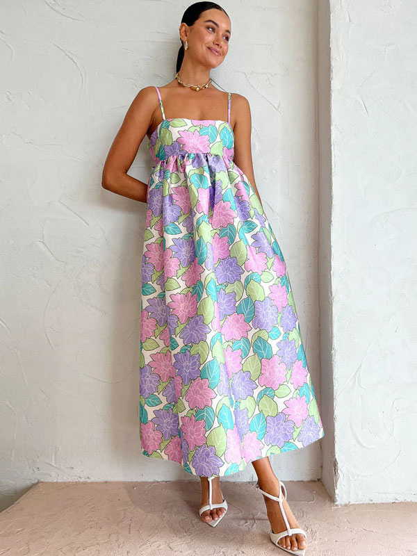 Summer Dress Straps Neck Floral Print Lace Up Open Shoulder Blue Long