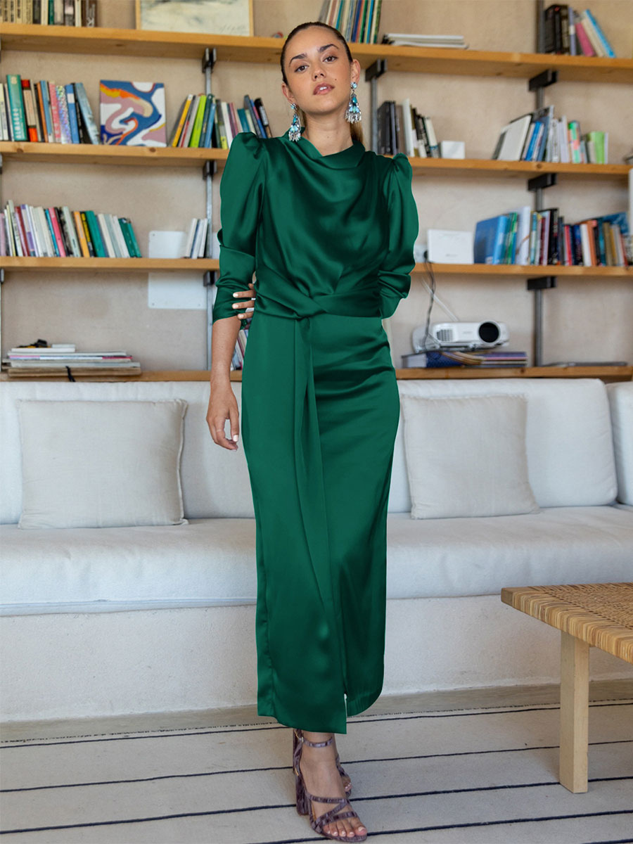 Party Dresses Green Jewel Neck Pleated Long Sleeves Semi Formal Dress