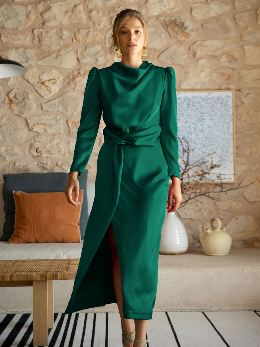 Party Dresses Green Jewel Neck Pleated Long Sleeves Semi Formal Dress
