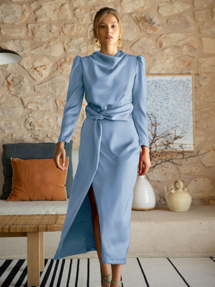 Party Dresses Green Jewel Neck Pleated Long Sleeves Semi Formal Dress