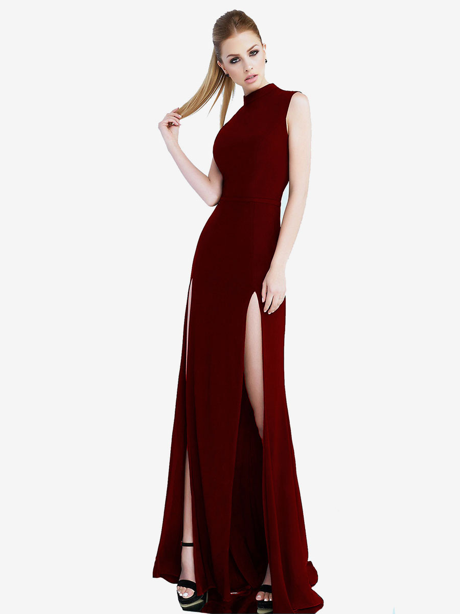 Party Dresses Red Jewel Neck Sleeveless High-slit Semi Formal Dress