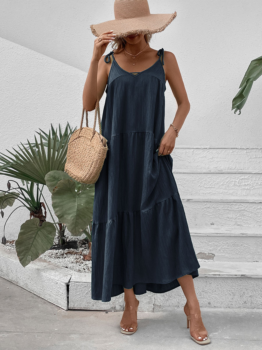 Shift Dresses Green V-Neck Lace Up Polyester Oversized Adult's Modern Tunic Dress