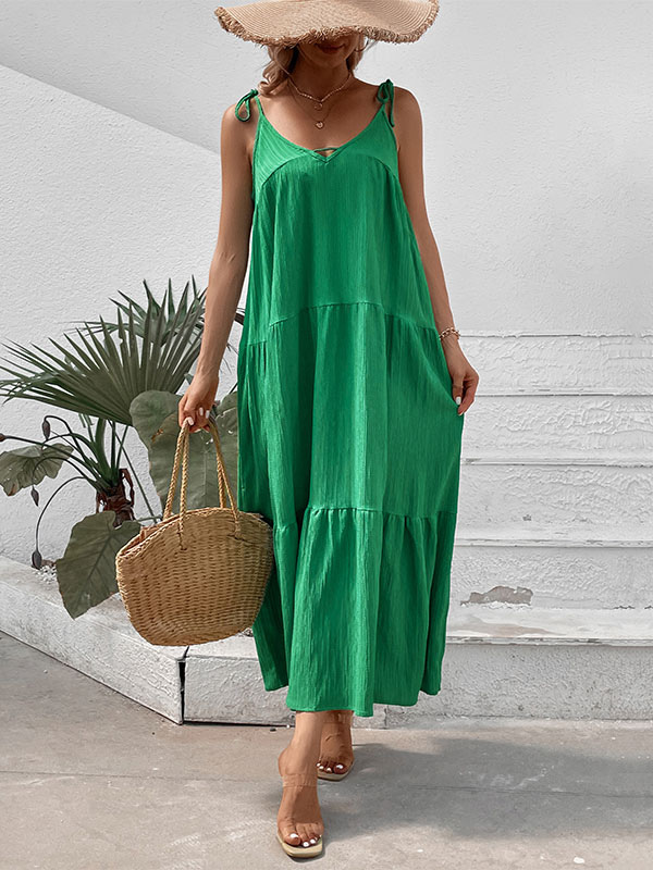 Shift Dresses Green V-Neck Lace Up Polyester Oversized Adult's Modern Tunic Dress