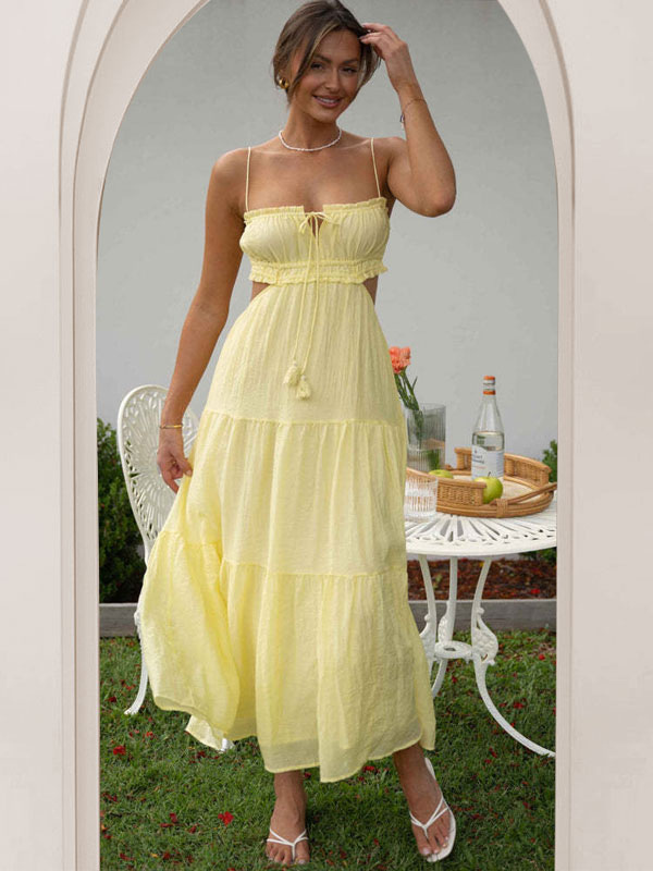 Summer Dress Straps Neck Lace Up Layered Yellow Long Beach Dress
