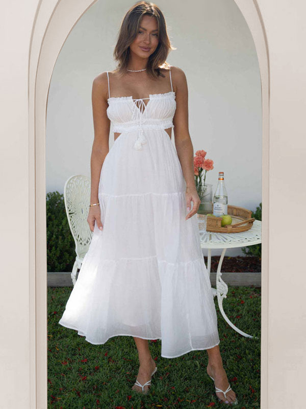 Summer Dress Straps Neck Lace Up Layered Yellow Long Beach Dress