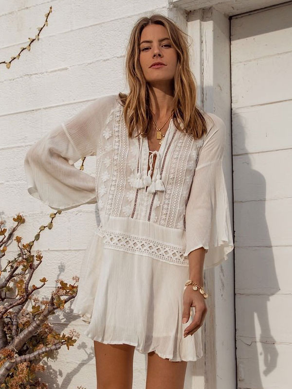 Boho Dress Fringe V-Neck 3/4 Length Sleeves Oversized Summer Dress