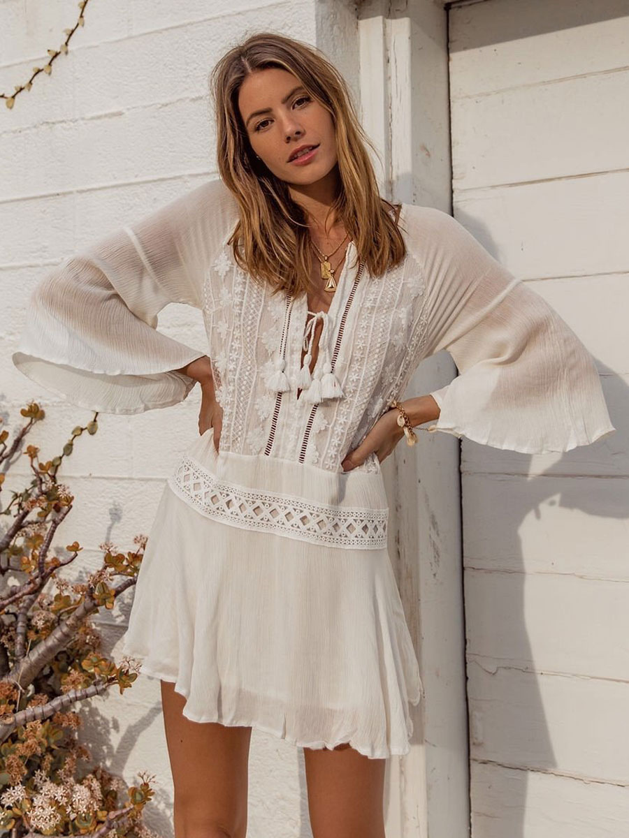 Boho Dress Fringe V-Neck 3/4 Length Sleeves Oversized Summer Dress