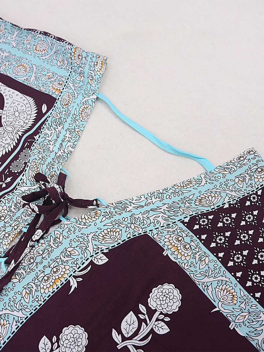 Women Cover Ups Light Sky Blue Printed Lace Up V-Neck Half Sleeves High-slit Summer Sexy Swimwear
