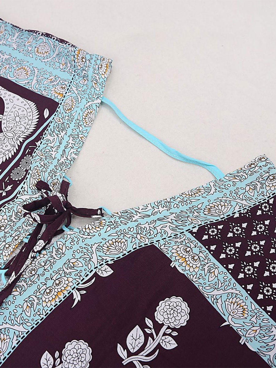 Women Cover Ups Light Sky Blue Printed Lace Up V-Neck Half Sleeves High-slit Summer Sexy Swimwear