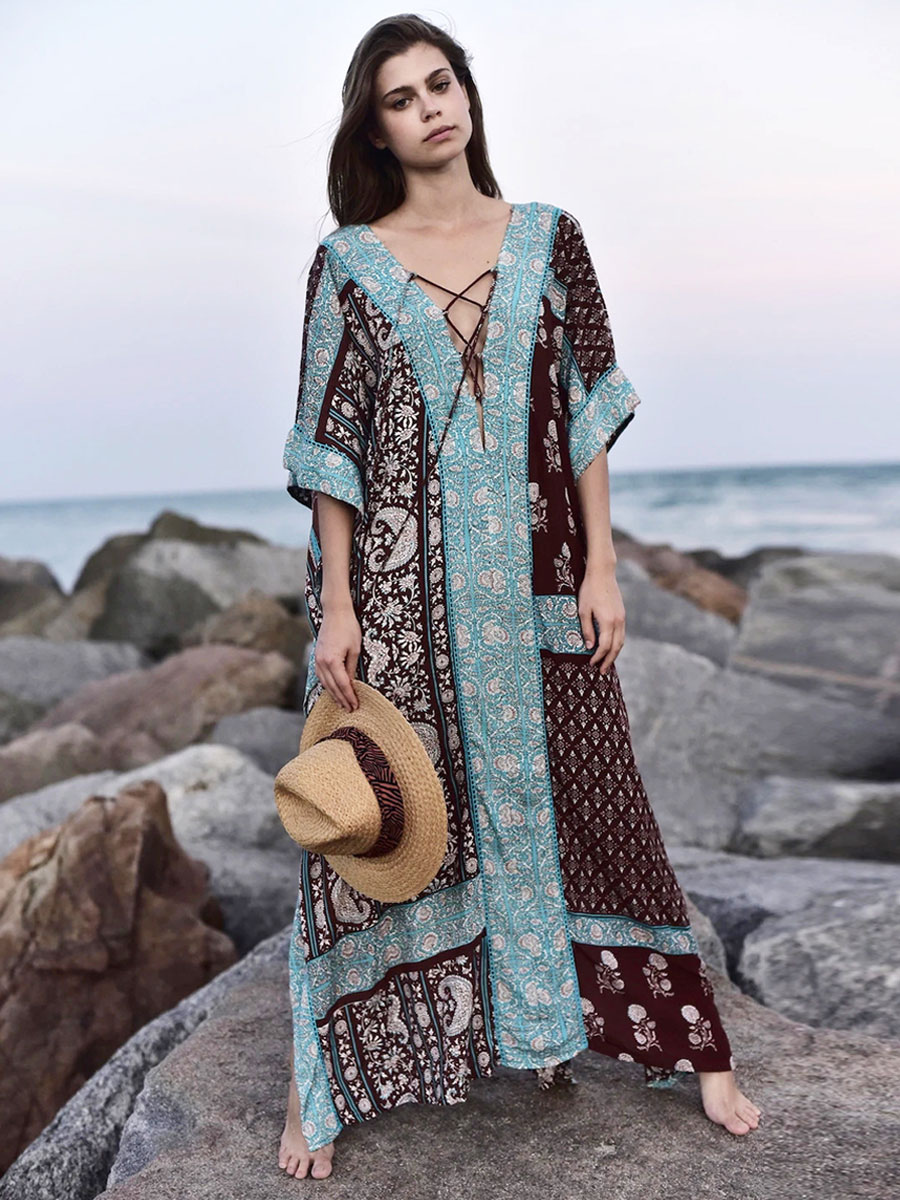 Women Cover Ups Light Sky Blue Printed Lace Up V-Neck Half Sleeves High-slit Summer Sexy Swimwear